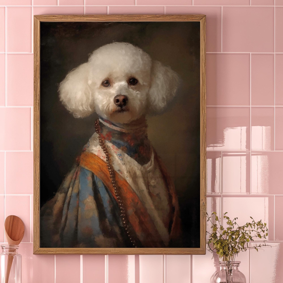 Vintage Bichon Frise Dog Print  Animal Painting  Altered Art Print  Animal Head & Human Body  Unique Art Print
