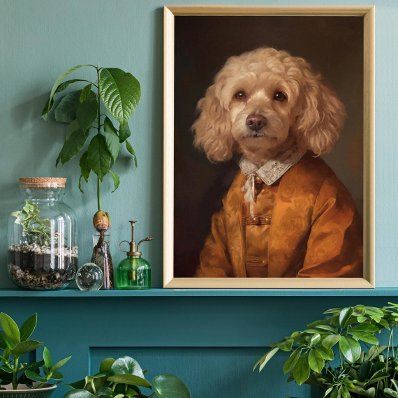 Golden Cockapoo Portrait  Dog In Human Clothes  Altered Art Print  Animal Head Human Body