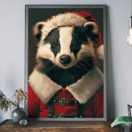 Christmas Badger Vintage Portrait  Renaissance Animal Painting  Festive Wall Art  Animal Head Human Body  Holidays Poster