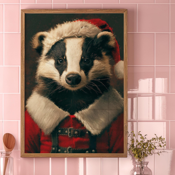 Christmas Badger Vintage Portrait  Renaissance Animal Painting  Festive Wall Art  Animal Head Human Body  Holidays Poster