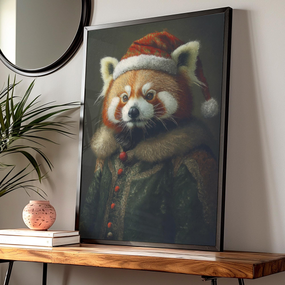 Christmas Red Panda Vintage Portrait  Festive Animal Art  Holiday Wall Decor  Animal Head Human Body