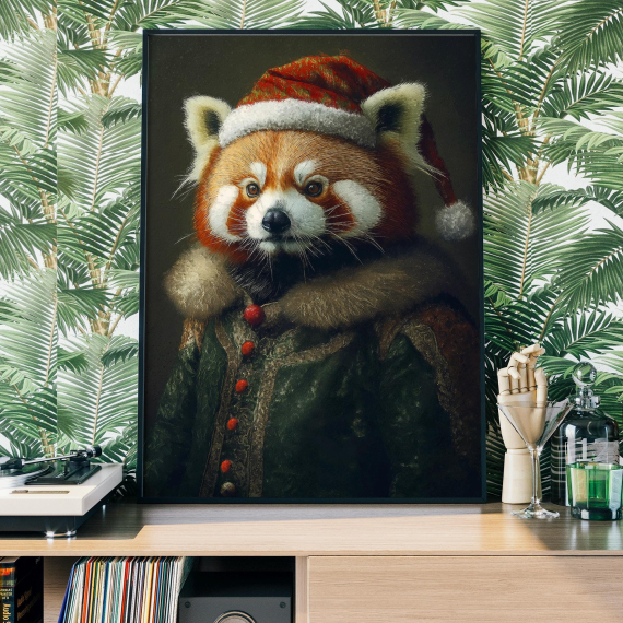 Christmas Red Panda Vintage Portrait  Festive Animal Art  Holiday Wall Decor  Animal Head Human Body