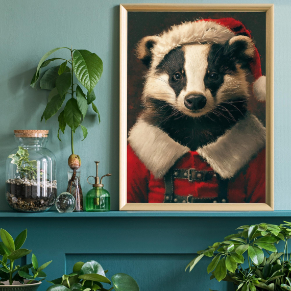 Christmas Badger Vintage Portrait  Renaissance Animal Painting  Festive Wall Art  Animal Head Human Body  Holidays Poster
