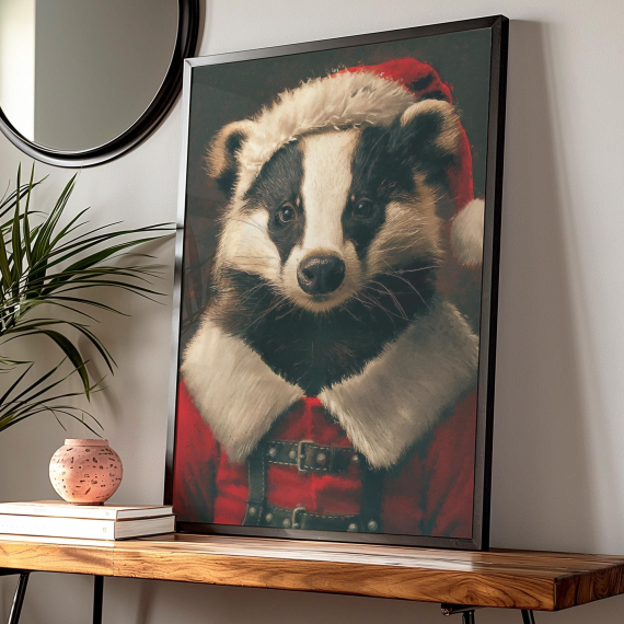 Christmas Badger Vintage Portrait  Renaissance Animal Painting  Festive Wall Art  Animal Head Human Body  Holidays Poster