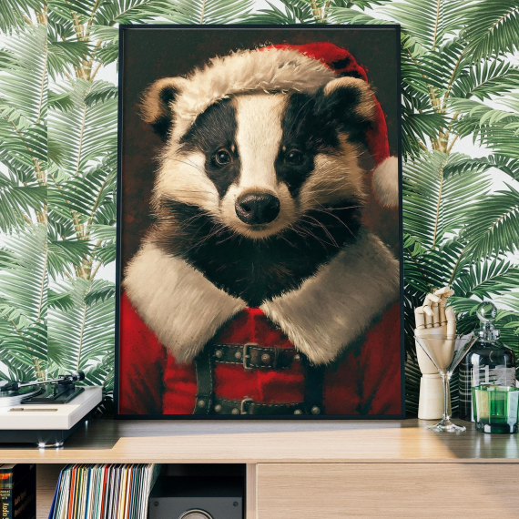 Christmas Badger Vintage Portrait  Renaissance Animal Painting  Festive Wall Art  Animal Head Human Body  Holidays Poster