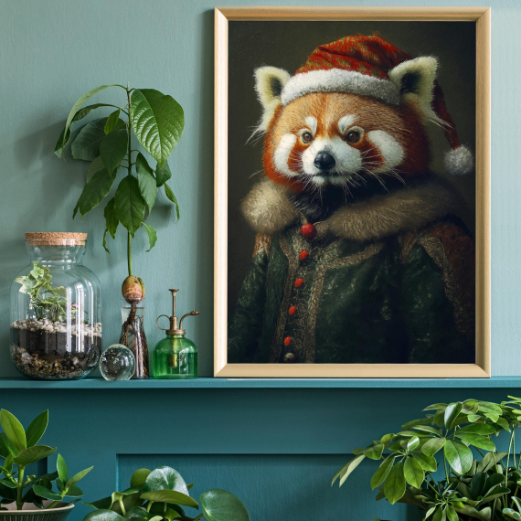 Christmas Red Panda Vintage Portrait  Festive Animal Art  Holiday Wall Decor  Animal Head Human Body