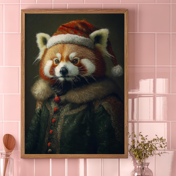 Christmas Red Panda Vintage Portrait  Festive Animal Art  Holiday Wall Decor  Animal Head Human Body